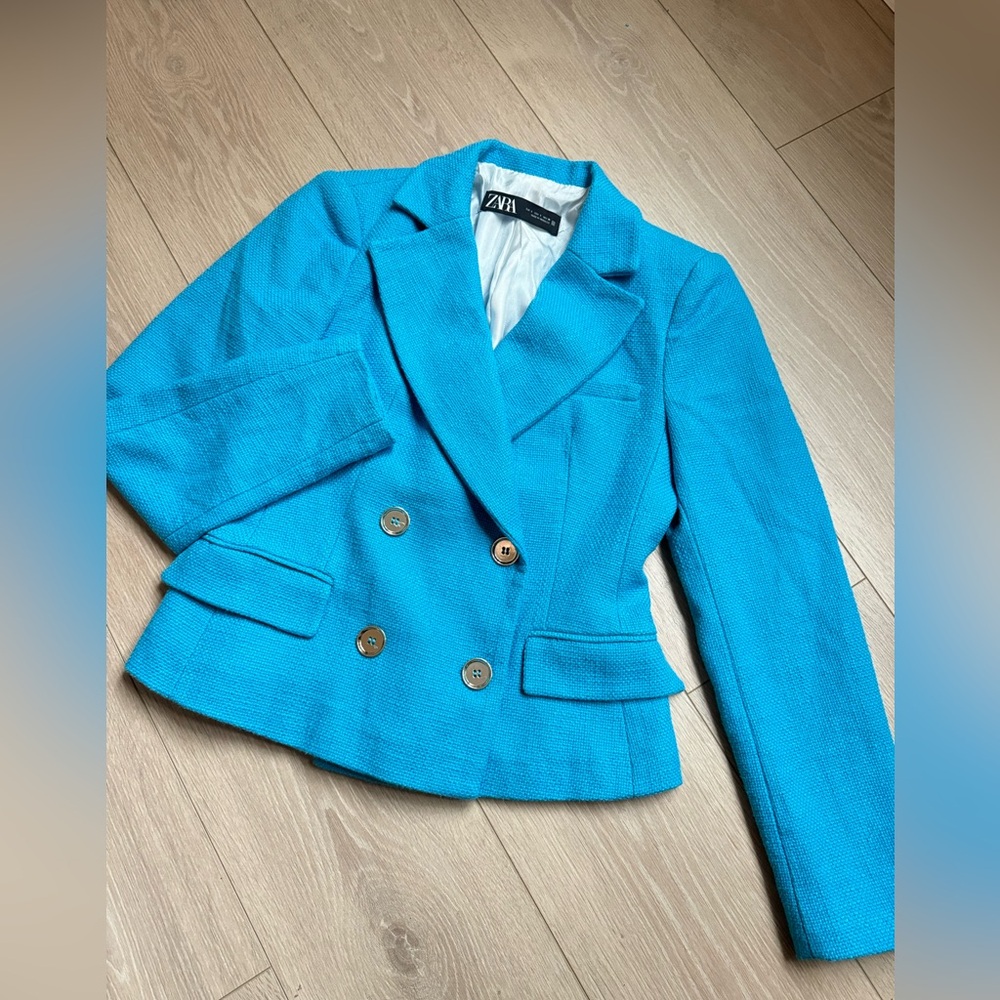 ZARA Cropped Textured Blazer Blue Size S EXCELLENT